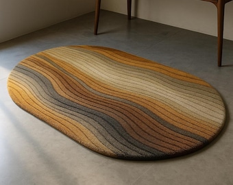 Hand Tufted Oval Wool Rug, Mustard Gold Grey Wave Pattern, Abstract Area Rug for Mid Century Modern Living Room