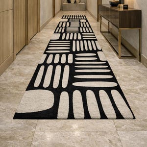 Modern Geometric Runner Rug, Hand Tufted Black & Ivory Modern Hallway, Entryway Long Carpet, Runner Housewarming Rug