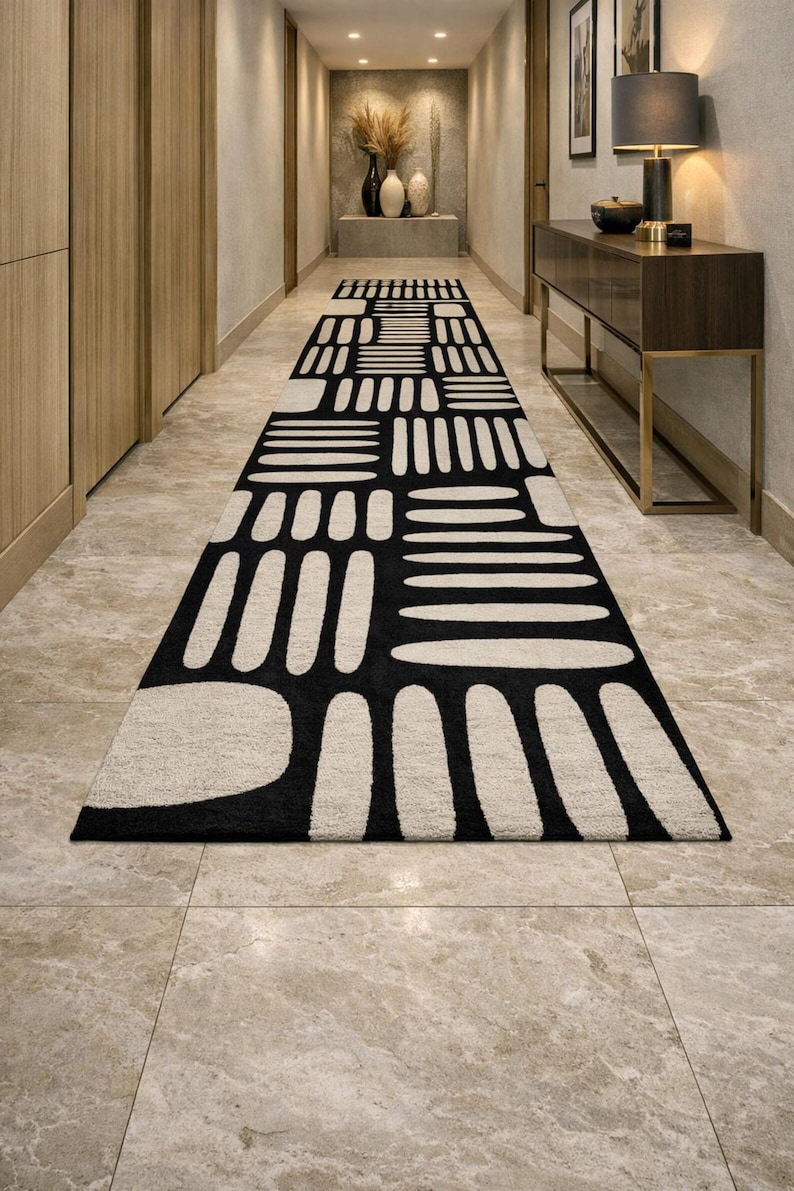 Modern Geometric Runner Rug, Hand Tufted Black & Ivory Modern Hallway, Entryway Long Carpet, Runner Housewarming Rug