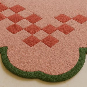 Hand Tufted Wool Rug Blush Pink Checkered Scalloped Border – Retro Boho Area Rug Living Room