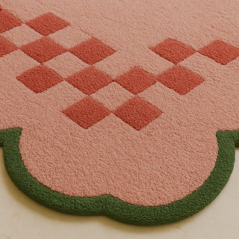 Hand Tufted Wool Rug Blush Pink Checkered Scalloped Border – Retro Boho Area Rug Living Room