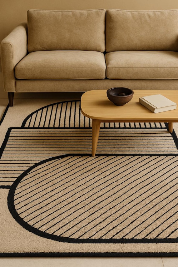 Hand Tufted Wool Rug Neutral Cream Organic Curves – Modern Minimalist Area Rug for Living Room, Bedroom