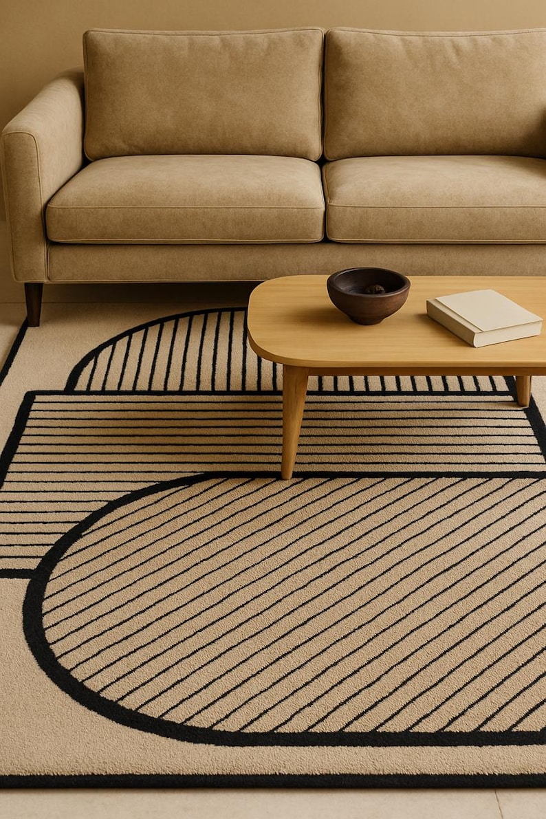 Hand Tufted Wool Rug Neutral Cream Organic Curves – Modern Minimalist Area Rug for Living Room, Bedroom