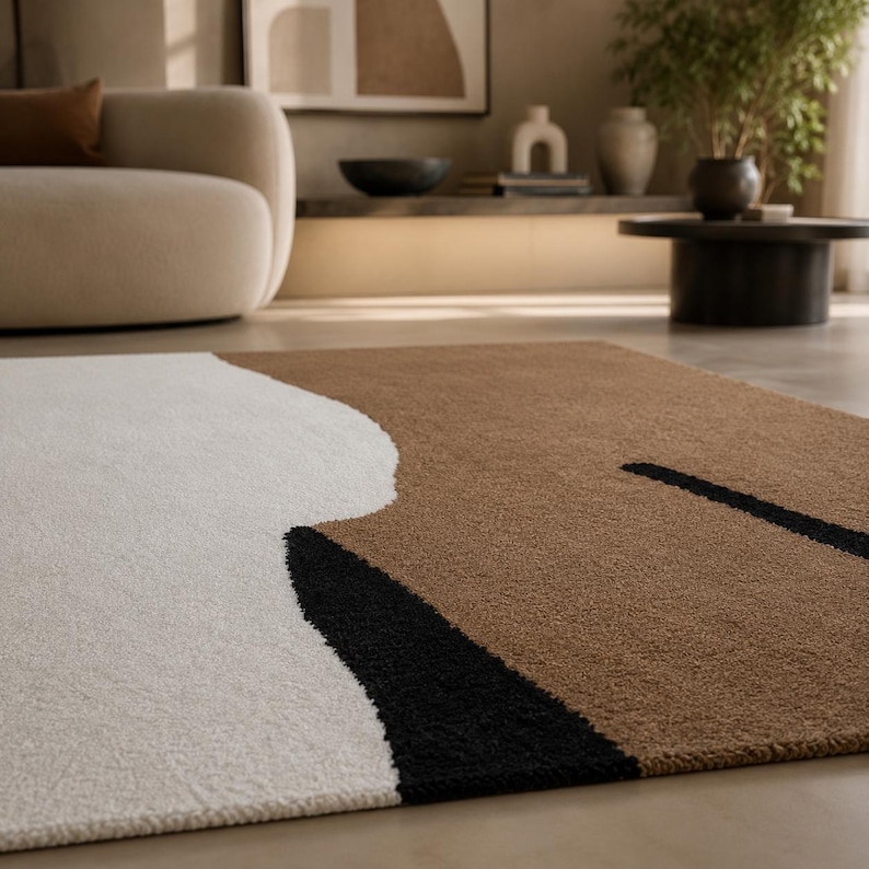 Abstract Ivory Brown Wool Rug, Modern Minimalist Hand Tufted Japandi ...