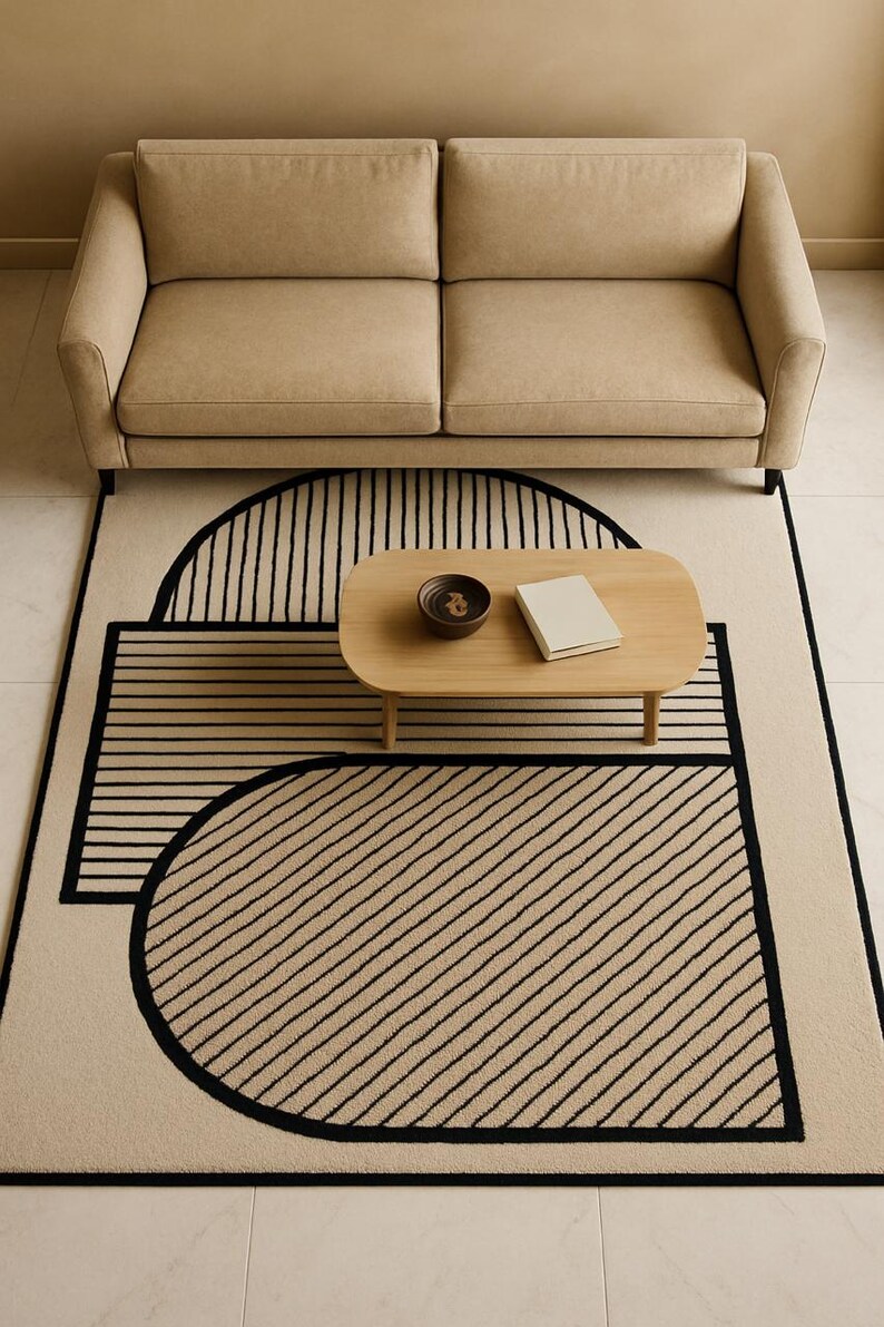 Hand Tufted Wool Rug Neutral Cream Organic Curves – Modern Minimalist Area Rug for Living Room, Bedroom