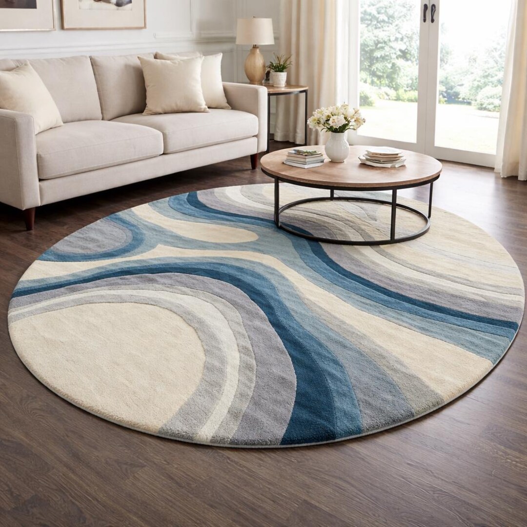 Round Hand Tufted Modern Artisanal Area Rug 4x4 6x6 Blue Neutral ...