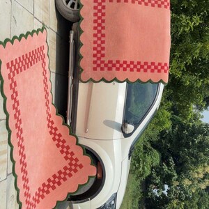 Hand Tufted Wool Rug Blush Pink Checkered Scalloped Border – Retro Boho Area Rug Living Room