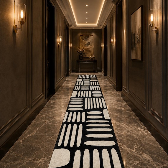 Modern Geometric Runner Rug, Hand Tufted Black & Ivory Modern Hallway, Entryway Long Carpet, Runner Housewarming Rug