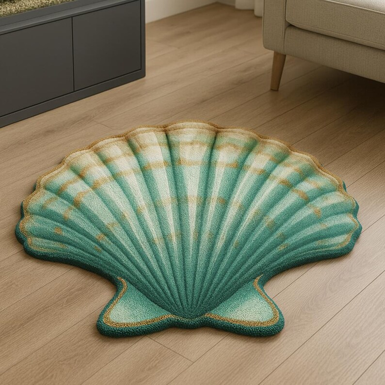 Sea Shell Patern Rug Hand Tufted Seashell Shaped Rug Teal Gold Scallop Shell - Coastal ...