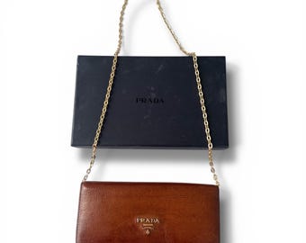Cartera vintage Prada Vitello Daino con cadena / Piel marrón - Con caja y tarjeta de autenticidad