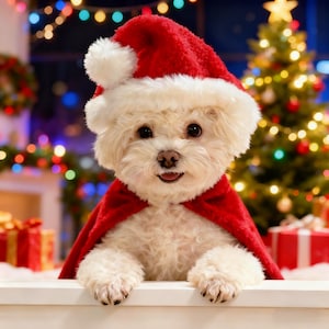 May include: A small, white dog wearing a red Santa hat and cape, with a fluffy white trim. The dog is smiling, with a Christmas tree and colorful lights in the background. Presents are visible.