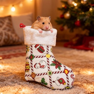 Puede incluir: Un hámster marrón claro asoma de un calcetín navideño. El calcetín es blanco con un estampado crema de iconos navideños, incluyendo un guante, un muñeco de nieve y acebo. La parte superior del calcetín es blanca y esponjosa.