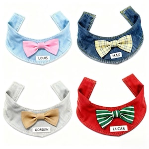 以下が含まれることがあります： 蝶ネクタイ付きの犬用バンダナ4枚。バンダナはデニムブルー、ダークブルー、グレー、赤です。各バンダナには、ピンク、黄色のチェック柄、タン、緑のストライプの蝶ネクタイが付いています。各バンダナには「LOUIS」、「MAX」、「GORDEN」、「LUCAS」と書かれたネームタグが付いています。