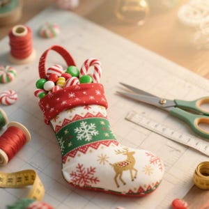 Puede incluir: Un calcetín navideño festivo lleno de caramelos y mentas. El calcetín presenta un puño rojo con copos de nieve blancos, una banda verde con un copo de nieve y un cuerpo blanco con un diseño de reno. Bastones de caramelo a rayas rojas y blancas asoman.