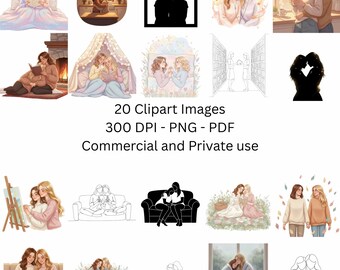 May include: A collection of 20 clipart images featuring illustrations of two people. The images are in PNG and PDF formats, with a resolution of 300 DPI. The text on the image indicates the clipart is for commercial and private use.