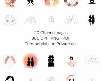 Klipart z parą lesbijską | WLW Line Art, Silhouettes (PNG, PDF)
