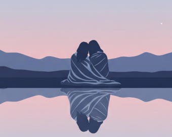 Romantisches Lesben Paar Kunst - Mond & Sterne Nacht See Poster, Sapphic Love Illustration, Digital Download