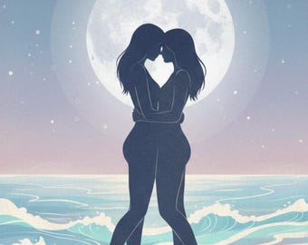 Lámina artística de pareja sáfica con luna: Escena romántica lésbica en el océano (descarga digital)