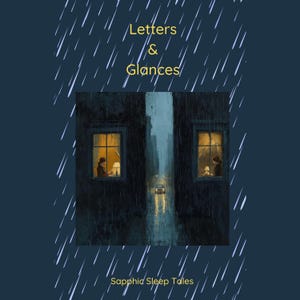 May include: Digital art of a rainy night scene. Two lit windows in a dark building show figures inside. The text "Letters & Glances" and "Sapphic Sleep Tales" are displayed on a dark blue background with rain streaks.
