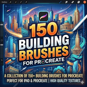 Puede incluir: Gráfico de arte digital que presenta un paisaje urbano con rascacielos y el texto "150 BUILDING BRUSHES FOR PROCREATE." La imagen incluye un icono de la aplicación Procreate y el texto "A COLLECTION OF 150+ BUILDING BRUSHES FOR PROCREATE PERFECT FOR IPAD & PROCREATE | HIGH QUALITY TEXTURES."