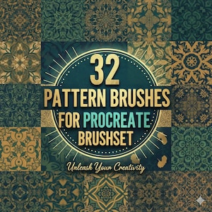 Puede incluir: Un producto de arte digital con 32 pinceles de patrones para Procreate. La imagen muestra una cuadrícula de patrones ornamentados y repetitivos en tonos verde azulado y dorado, con el texto "32 Pattern Brushes for Procreate Brushset" y "Unleash Your Creativity".