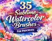 35 Sublime Watercolor Brushes for Procreate, Realistic Watercolor Texture, Wash & Blending Brush Set for iPad,