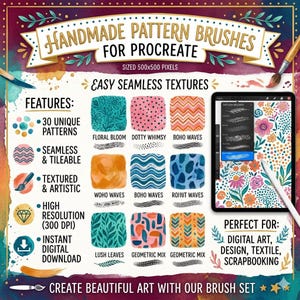 Pode incluir: An&uacute;ncio de pinc&eacute;is de padr&otilde;es feitos &agrave; m&atilde;o para Procreate, com tamanho de 500x500 pixels. A imagem mostra v&aacute;rias texturas e padr&otilde;es sem costura, incluindo designs florais, de bolinhas e geom&eacute;tricos. Inclui 30 padr&otilde;es &uacute;nicos, alta resolu&ccedil;&atilde;o e download digital instant&acirc;neo.