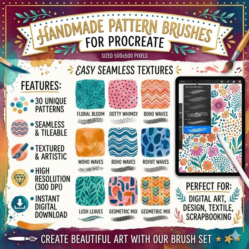 Pode incluir: An&uacute;ncio de pinc&eacute;is de padr&otilde;es feitos &agrave; m&atilde;o para Procreate, com tamanho de 500x500 pixels. A imagem mostra v&aacute;rias texturas e padr&otilde;es sem costura, incluindo designs florais, de bolinhas e geom&eacute;tricos. Inclui 30 padr&otilde;es &uacute;nicos, alta resolu&ccedil;&atilde;o e download digital instant&acirc;neo.