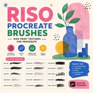 Peut inclure: Un graphique num&eacute;rique pr&eacute;sentant des pinceaux Riso pour Procreate avec du texte et des illustrations. Il comprend un vase bleu avec des feuilles vertes, une arche rose et un cercle jaune. Un tableau liste 15+ types de pinceaux avec des &eacute;chantillons.