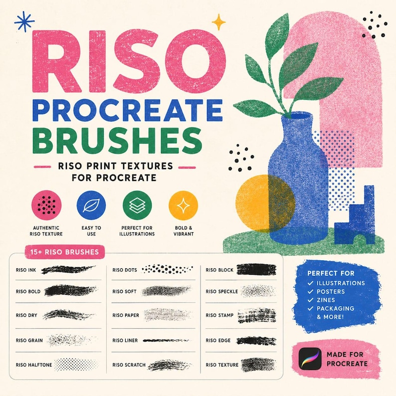 Peut inclure: Un graphique num&eacute;rique pr&eacute;sentant des pinceaux Riso pour Procreate avec du texte et des illustrations. Il comprend un vase bleu avec des feuilles vertes, une arche rose et un cercle jaune. Un tableau liste 15+ types de pinceaux avec des &eacute;chantillons.