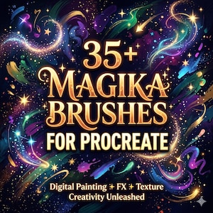 May include: A digital art graphic with a dark background and colorful streaks of paint. The text reads "35+ MAGIKA BRUSHES FOR PROCREATE" in gold lettering. Additional text includes "Digital Painting, FX, Texture, Creativity Unleashed."