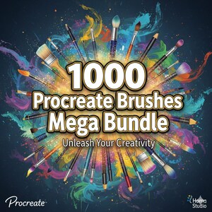 May include: An advertisement for a Procreate brushes mega bundle. The image features various digital art brushes radiating from the center, with the text "1000 Procreate Brushes Mega Bundle" and "Unleash Your Creativity". The background is a dark blue with colorful paint splashes.