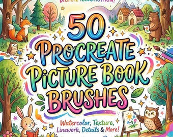 Ponad 50 pędzli Procreate do książek obrazkowych, pakiet pędzli do ilustracji książkowych, narzędzia do akwareli, tekstur i rysowania dla iPada Procreate