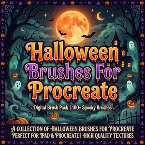 Op de afbeelding: Een digitale afbeelding met de tekst Halloween Brushes For Procreate, Digital Brush Pack | 100+ Spooky Brushes, en A collection of Halloween brushes for Procreate perfect for iPad & Procreate | High quality textures tegen een griezelige achtergrond.