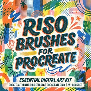 Peut inclure: Un graphique de kit d'art numérique intitulé RISO BRUSHES FOR PROCREATE, ESSENTIAL DIGITAL ART KIT, CREATE AUTHENTIC RISO EFFECTS | PROCREATE ONLY | 25+ BRUSHES. L'arrière-plan présente un motif abstrait multicolore avec des points de trame.
