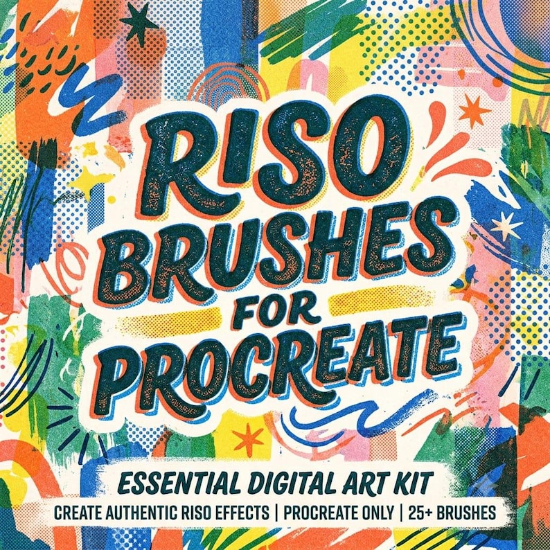 Peut inclure: Un graphique de kit d'art num&eacute;rique intitul&eacute; RISO BRUSHES FOR PROCREATE, ESSENTIAL DIGITAL ART KIT, CREATE AUTHENTIC RISO EFFECTS | PROCREATE ONLY | 25+ BRUSHES. L'arri&egrave;re-plan pr&eacute;sente un motif abstrait multicolore avec des points de trame.