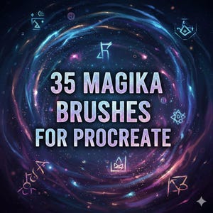 Op de afbeelding: Digitale afbeelding met een wervelende achtergrond van een melkwegstelsel. De tekst luidt "35 MAGIKA BRUSHES FOR PROCREATE" in een paarse en witte gradiënt. Decoratieve symbolen zijn verspreid over de randen van de afbeelding.