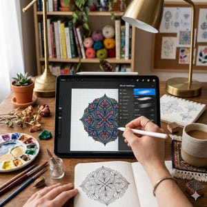 Pode incluir: Um artista digital usa uma caneta para colorir um desenho de mandala em um tablet. O espa&ccedil;o de trabalho inclui um caderno de esbo&ccedil;os com uma mandala semelhante, pinc&eacute;is, uma paleta de aquarela e uma x&iacute;cara de caf&eacute;. Uma lumin&aacute;ria de mesa de lat&atilde;o e uma estante est&atilde;o ao fundo.