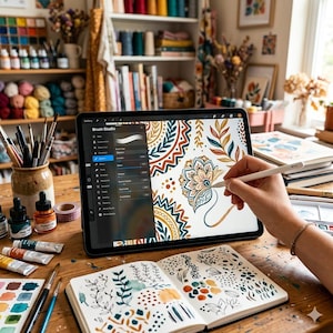 Pode incluir: Uma pessoa usa uma caneta para desenhar num tablet, exibindo um design floral na aplica&ccedil;&atilde;o "Brush Studio". O espa&ccedil;o de trabalho inclui tubos de tinta, pinc&eacute;is, frascos de tinta e um caderno de esbo&ccedil;os com esbo&ccedil;os florais.