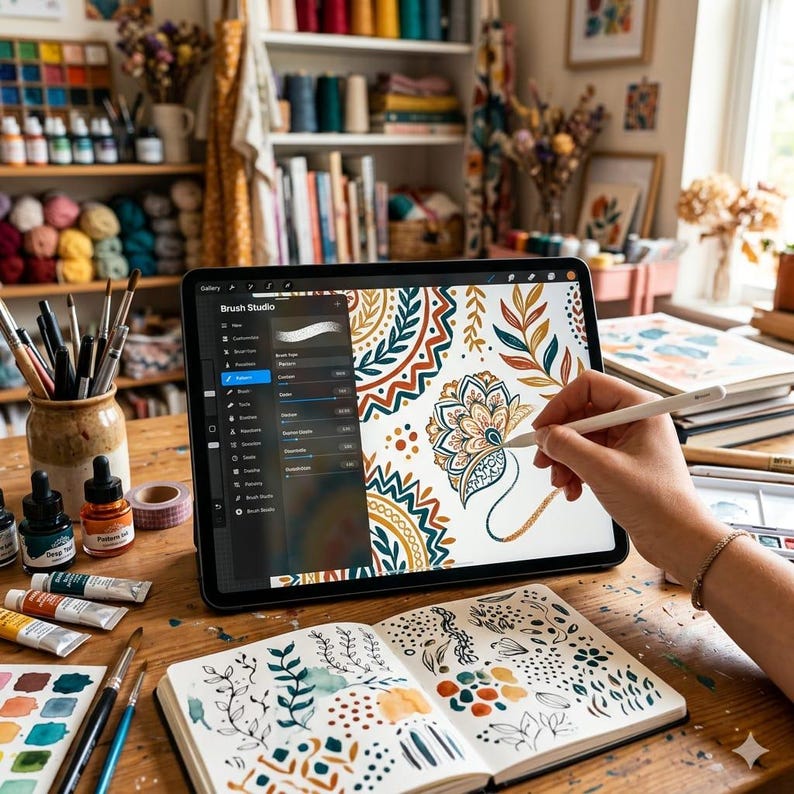 Pode incluir: Uma pessoa usa uma caneta para desenhar num tablet, exibindo um design floral na aplica&ccedil;&atilde;o "Brush Studio". O espa&ccedil;o de trabalho inclui tubos de tinta, pinc&eacute;is, frascos de tinta e um caderno de esbo&ccedil;os com esbo&ccedil;os florais.