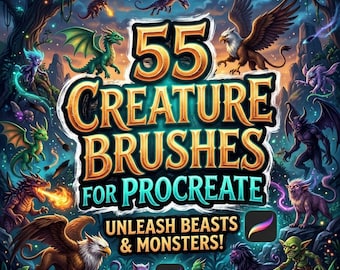 55 Kreaturen Pinsel für Procreate, Monster, Drachen, Fantasy Tiere & Texturpinsel Set für iPad, Creature Design und Concept Art Werkzeuge