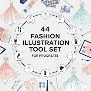 Puede incluir: Ilustración digital con un diseño circular central que muestra "44 FASHION ILLUSTRATION TOOL SET FOR PROCREATE". El diseño incluye dibujos de vestidos, accesorios y herramientas de diseño de moda, en una paleta de colores suaves.