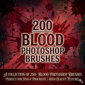 Pode incluir: Um gráfico digital com o texto 200 BLOOD PHOTOSHOP BRUSHES em branco com contorno escuro, sobre um fundo vermelho escuro e preto com padrões de salpicos de sangue. O texto na parte inferior diz A COLLECTION OF 200+ BLOOD PHOTOSHOP BRUSHES PERFECT FOR IPAD & PROCREATE | HIGH QUALITY TEXTURES.