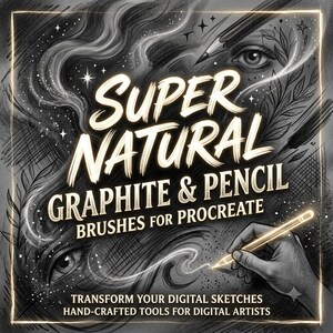 Könnte beinhalten: Eine digitale Illustration mit dem Text SUPER NATURAL GRAPHITE & PENCIL BRUSHES FOR PROCREATE, TRANSFORM YOUR DIGITAL SKETCHES HAND-CRAFTED TOOLS FOR DIGITAL ARTISTS, mit einer Hand, die einen Stift hält, Augen und Rauch.