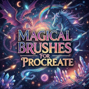 May include: Digital art illustration with a fantasy theme. The image features a dragon and a unicorn, a rainbow, crystals, and paintbrushes. The text "MAGICAL BRUSHES FOR PROCREATE" is displayed in the center of the image.