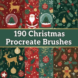 Puede incluir: Una colección de pinceles Procreate con temática navideña. La imagen muestra varios patrones festivos con renos, Papá Noel, bolas de nieve, adornos y copos de nieve. El texto dice "190 Christmas Procreate Brushes" en una pancarta verde.