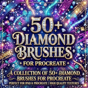 May include: A digital graphic featuring the text 50+ DIAMOND BRUSHES FOR PROCREATE in gold and diamond-encrusted lettering. The background is a vibrant, dark blue and purple cosmic scene filled with sparkling diamond illustrations and light streaks.