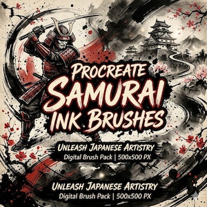 Op de afbeelding: Digitale kunst die Procreate Samurai Ink Brushes promoot. De afbeelding toont een samoerai in rode en zwarte bepantsering met een zwaard. De achtergrond bevat een Japanse kasteel, kersenbloesems en de tekst "Unleash Japanese Artistry".