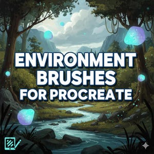 Puede incluir: Ilustración digital de una escena de bosque con un río, montañas y orbes brillantes. El texto "ENVIRONMENT BRUSHES FOR PROCREATE" se muestra en blanco con un contorno azul. Un icono de arte digital está en la esquina inferior izquierda.