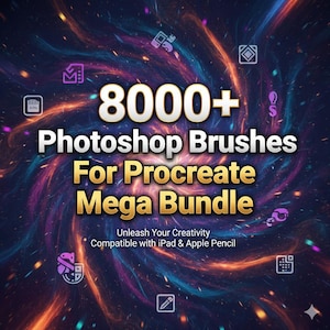 Puede incluir: Gráfico de arte digital con un fondo cósmico. El texto dice "8000+ Photoshop Brushes For Procreate Mega Bundle". El texto adicional dice "Unleash Your Creativity Compatible with iPad & Apple Pencil."